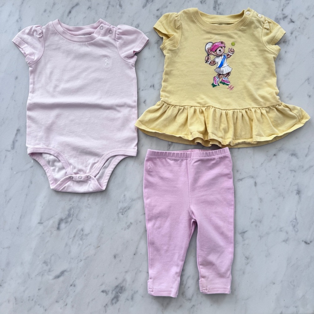 Polo Bear Playing Tennis 6M 🎾 Cotton Jersey Peplum T-Shirt Bodysuit Legging Set